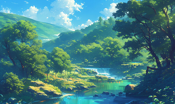 landscape with river and mountains-generative aI