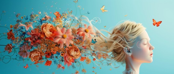 A cartoon blonde girl with flowers and butterflies coming out of her head, side view, vector...
