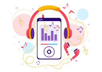 MP3 Player Vector Illustration with Musical Notation, Headphones, Headset and Phone of Music Listening Devices in Mobile App on Flat Background - obrazy, fototapety, plakaty