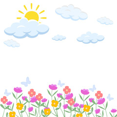 Abstract spring background, sun shining in clouds, colorful flowers blooming, graphic design illustration wallpaper 