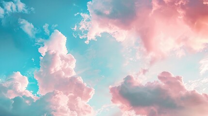Beautiful background image of a romantic blue sky with soft fluffy pink clouds - obrazy, fototapety, plakaty
