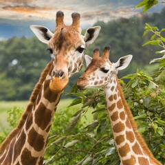 beautiful giraffe with son in jungle - obrazy, fototapety, plakaty