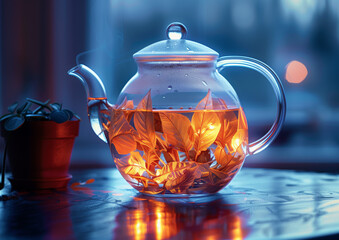 Process of tea brewing in a glass teapot, the swirling patterns of leaves and hot water - obrazy, fototapety, plakaty