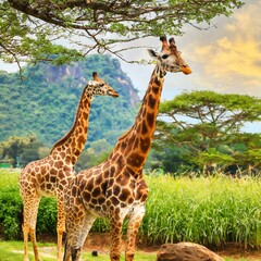 beautiful giraffe with son in jungle - obrazy, fototapety, plakaty