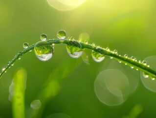 Large water drops of dew with reflecting sun on stem of green grass on light green background with bokeh