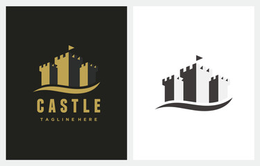 Castle Tower Wave logo design symbol icon vector inspiration - obrazy, fototapety, plakaty