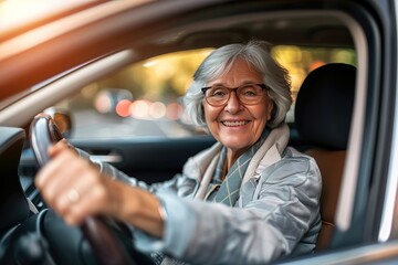 Happy senior woman driving car alone, enjoying car ride. Safe driving for elderly adults, older driver safety