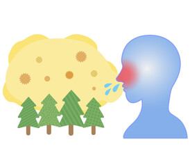 飛来する花粉を吸い込み鼻炎になる人のシルエット