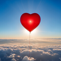 Fototapeta premium Red heart shaped balloon flying above the clouds. Valentine's day concept.