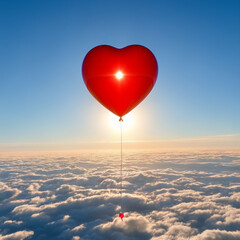 Fototapeta premium Red heart shaped balloon flying above the clouds. Valentine's day concept.