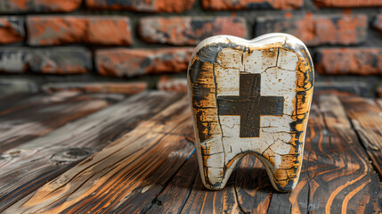 A tooth-shaped figure with a black cross on it, standing against a rustic wooden background with a brick wall