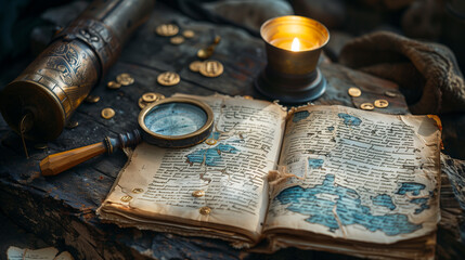 An old open book with a magnifying glass on ancient maps, a candle, and a spyglass suggesting...