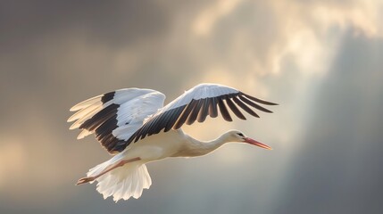A graceful white stork captured mid-flight with a soft golden light illuminating its widespread wings.