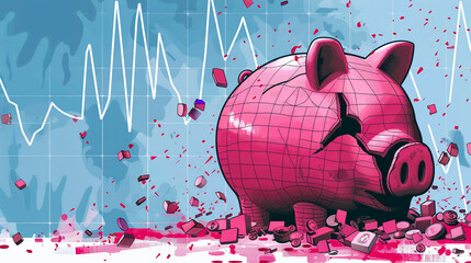 Illustration of a shattered pink piggy bank with coins and bills scattered amidst a financial chart background - obrazy, fototapety, plakaty