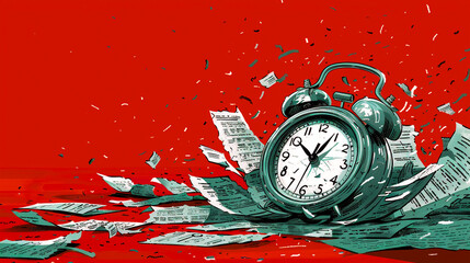 A vintage alarm clock exploding with paper in a sea of red with financial documents scattered - obrazy, fototapety, plakaty