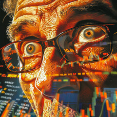 A stressed man's face superimposed over stock market data, highlighting a sense of financial pressure - obrazy, fototapety, plakaty