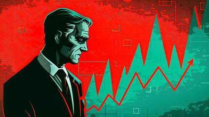 Illustration of a businessman in profile with a sharp upward stock market graph against a red background - obrazy, fototapety, plakaty