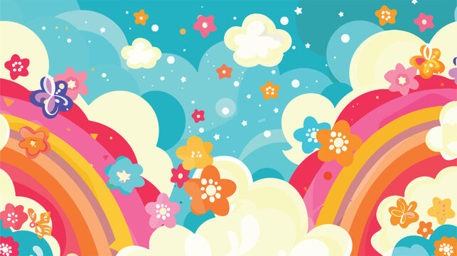 Retro groovy background with clouds. flowers and wa