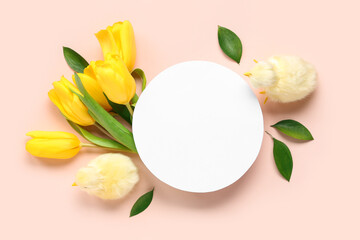 Blank card with toy chickens, tulips and leaves on beige background. Easter celebration