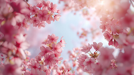 Close up of pink cherry blossoms, Concept of beauty and tranquility. - obrazy, fototapety, plakaty
