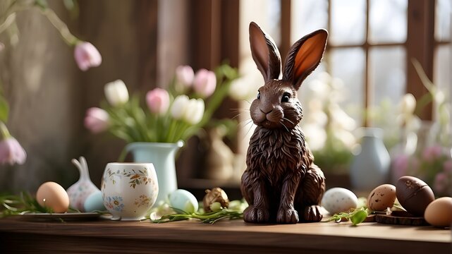"An English tasty chocolate Easter bunny stands proudly on a wooden table. The bunny is intricately detailed, with realistic fur texture and delicate chocolate features. The table is polished, reveali
