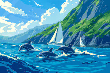 Dolphins leap out of the blue water near sailboats sailing by a steep cliff under a sunny sky. - obrazy, fototapety, plakaty