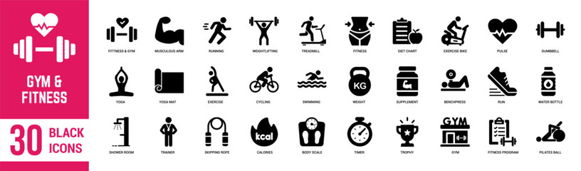 Gym and Fitness solid icon set. Fitness, sport, exercise, gym, diet, dumbbell, protein, calories, yoga, cardio and weightlift. Vector illustration