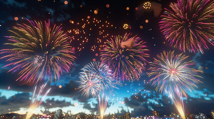 Vibrant New Year Fireworks Display in Urban Skyline