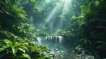 Waterfall in the forest, Beautiful view of jungle. Created with Ai - obrazy, fototapety, plakaty
