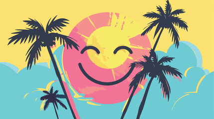 Retro smiley face. colorful palm coconut trees. cre