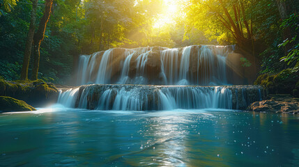 Waterfall in the forest, Beautiful view. Created with Ai