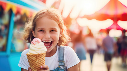 Happy girl holding an ice cream cone at a carnival.