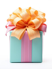 Isolated colorful wrapped present with elaborate orange bow and pink ribbon