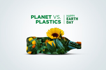 Planet vs. Plastics , Earth day 2024 concept 3d tree background. Ecology concept. Design with globe map drawing and leaves isolated on white background.  - obrazy, fototapety, plakaty