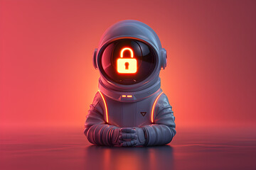 A 3D animated cartoon render of a hacker character with a digital lock symbol above their head.