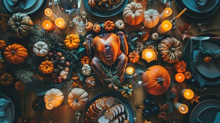 Thanksgiving dinner table served with turkey, decorated with pumpkins, candles, autumn leaves