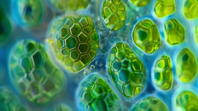 A highly zoomedin view of a of chloroplasts the organelles responsible for photosynthesis in plant cells. The chloroplasts appear . AI generation.