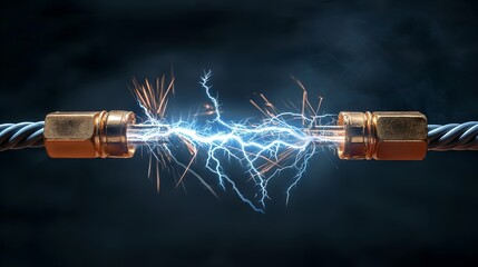 Intense electrical spark connecting two separated cables against a dark background. - obrazy, fototapety, plakaty