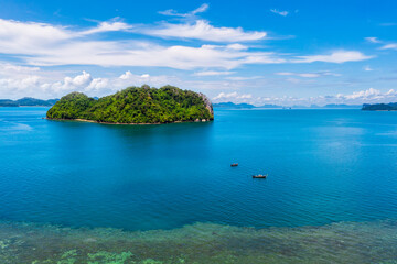 Aerial view seascape island and passenger boat, tourist, Andaman Sea in the summer season at Krabi Province,