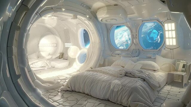 cosmic hideaway unwind in a space station suite. seamless looping overlay 4k virtual video animation background