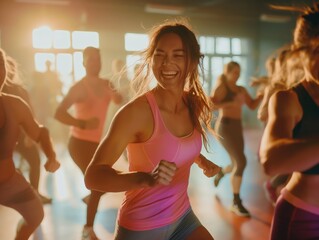 Radiant woman enjoying a lively fitness dance class with a group, against a sunlit backdrop.