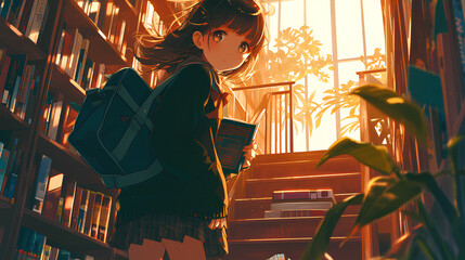 anime girl idol is picking up a book in the library - obrazy, fototapety, plakaty