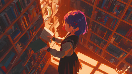 anime girl idol is picking up a book in the library - obrazy, fototapety, plakaty