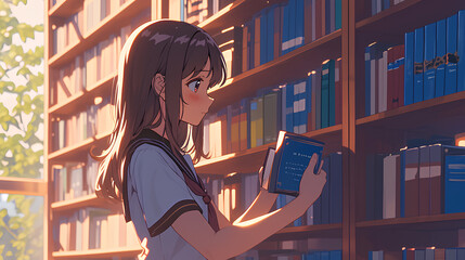 anime girl idol is reading a book in the library