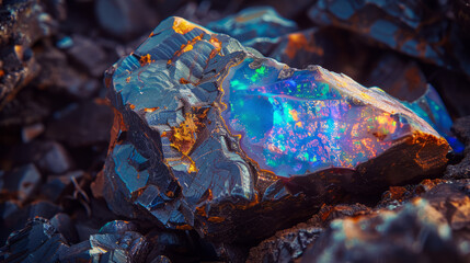 A uniquely shaped piece of raw opal reflects an array of vibrant colors on the dark, textured rocks