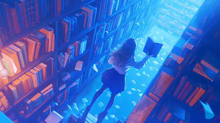 anime girl idol is picking up a book in the library
