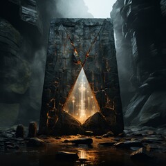Enigmatic relic, ancient inscriptions, shimmering portal between dimensions - obrazy, fototapety, plakaty
