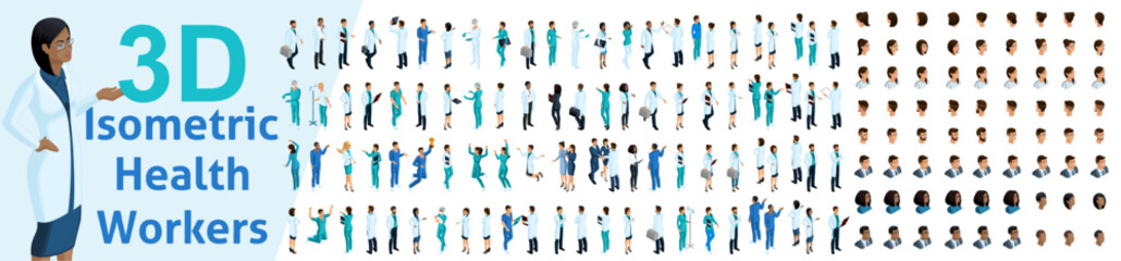 Large set of isometric, 3D Health workers, medical staff, nurses, doctors. Kit Emotions for characters