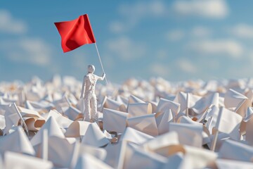 3D render of a figure holding a red flag aloft in a sea of white flags, courage in leadership, isolated - obrazy, fototapety, plakaty