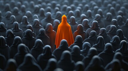 3D render of a figure wearing a bright orange cloak among grey crowd, isolated background